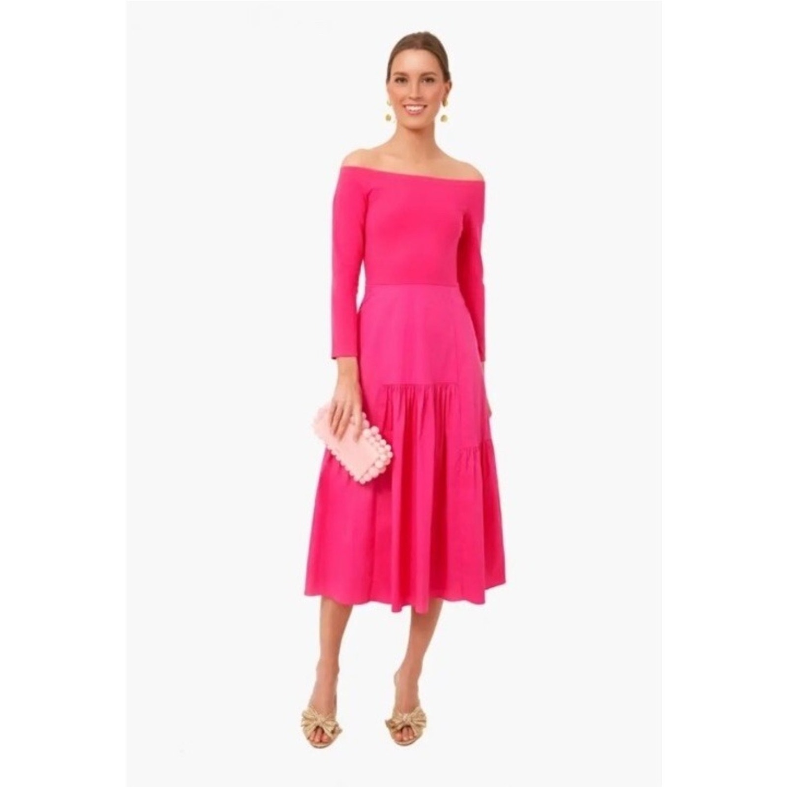 Tuckernuck Marissa Pink Tiered Off The Shoulder Cotton Blend Midi Dress Nwt Xs
